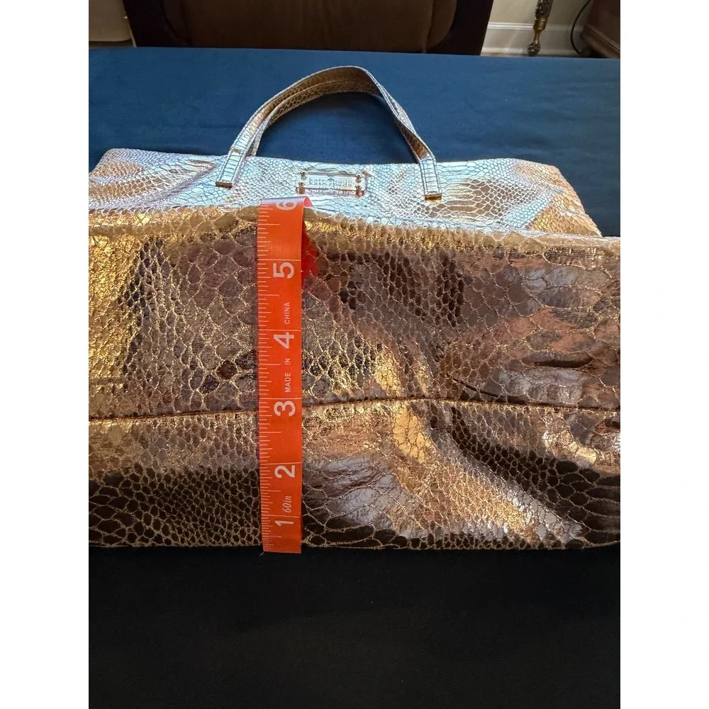 Vintage Kate Spade Gold Metallic Snakeskin Embossed Tote Bag Polka Dot Lining